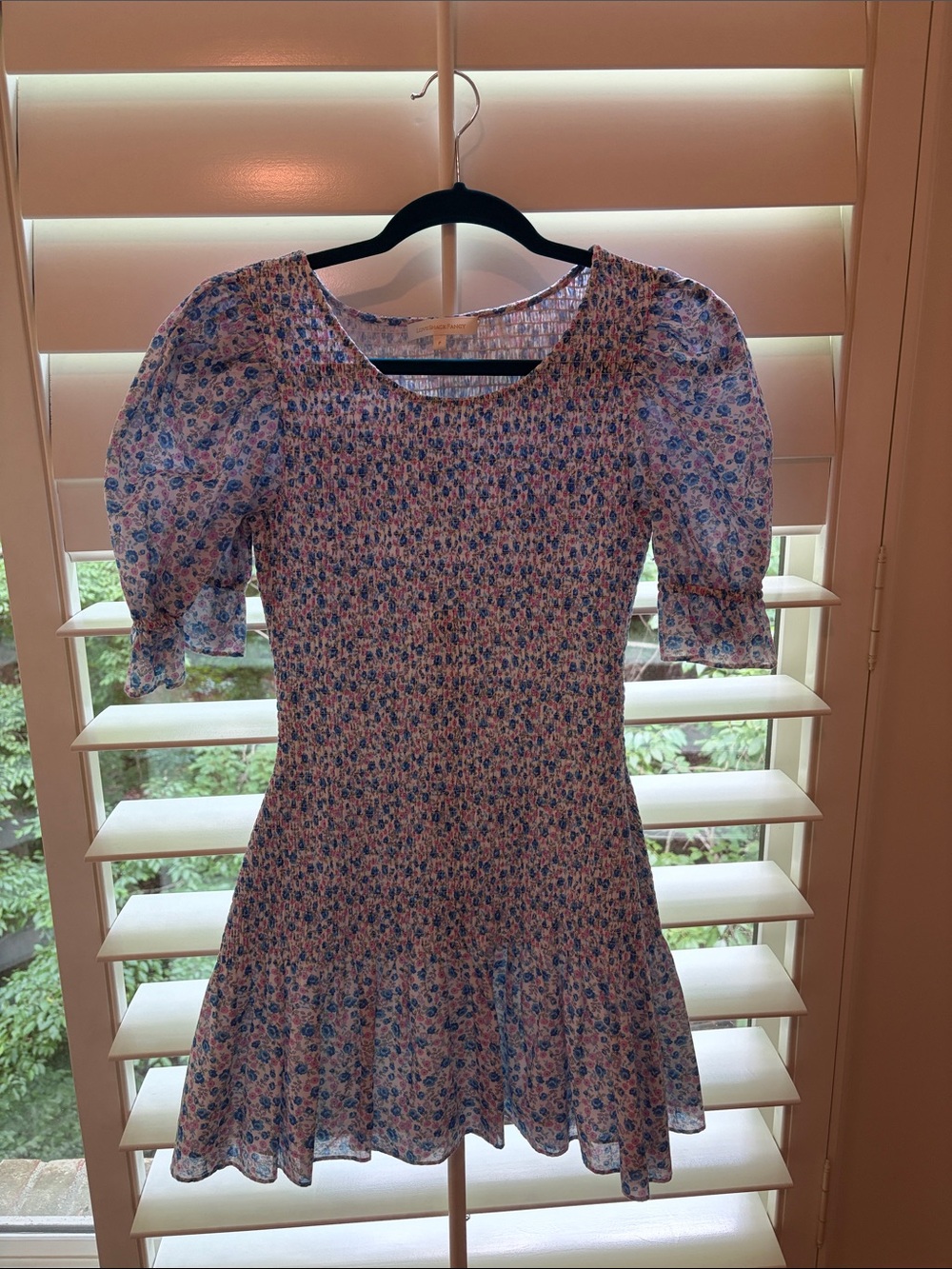 LoveShackFancy Blue Floral Smocked Puff-Sleeve Mini Dress